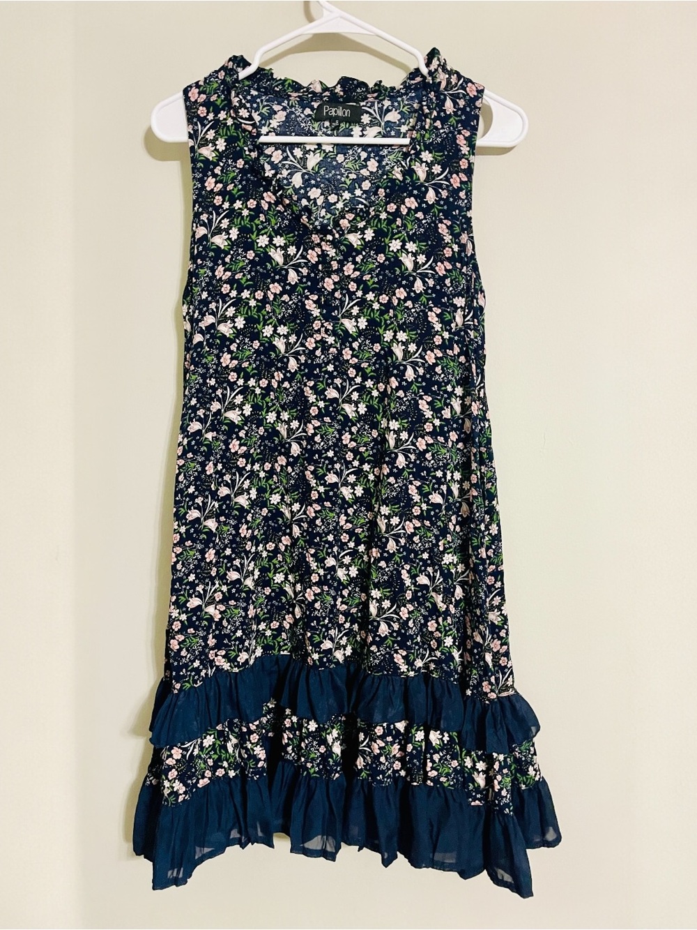 Papillon Floral Ruffled Hem Mini Dress Sz S Lagenlook Fairy Cottagecore Feminine